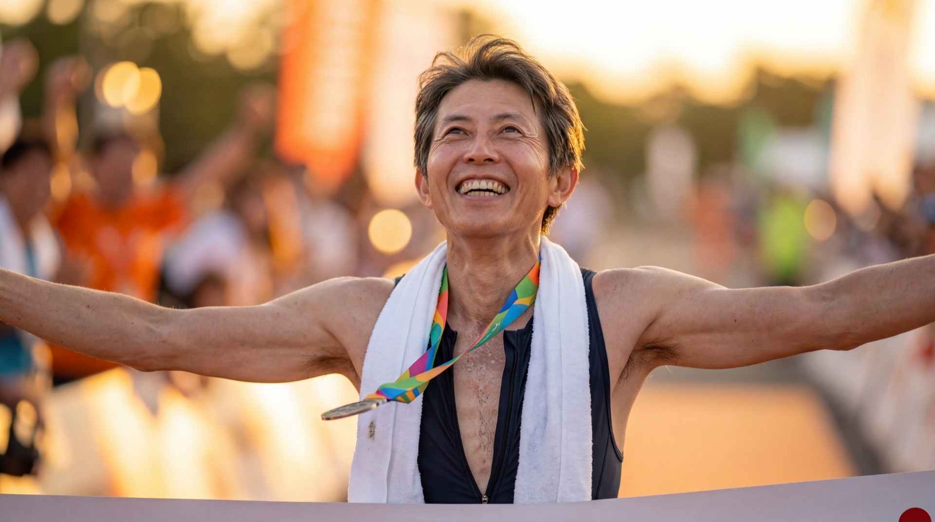 30年後の没頭 — トライアスロンのゴールで歓喜する69歳の自分